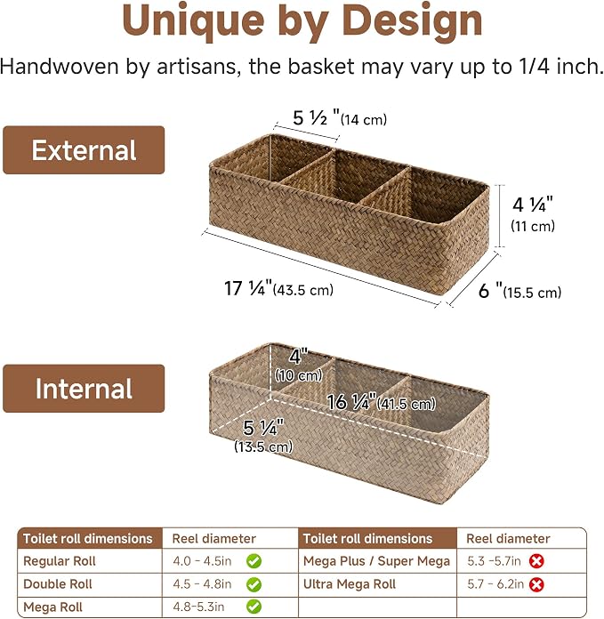StorageWorks Toilet Paper Basket with Lid, Back of Toilet Baskets, Seagrass | Wicker Basket, Toilet Paper Storage for Back of Toilet Tank, Woven Baskets for Shelves, Wicker Baskets with 3 Compartments - Image 2