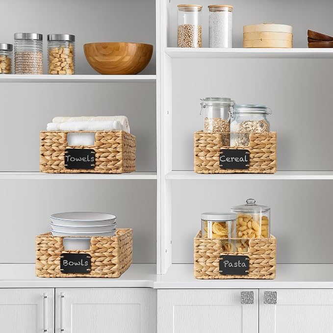 Casafield Set of 4 Water Hyacinth Pantry Baskets, 10" x 13" x 5", with Chalkboard Labels and Chalk Marker - Natural, Woven Storage Bin Organizers for Kitchen Shelves - Image 2
