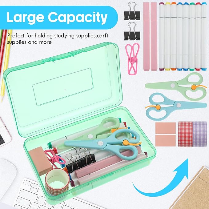 Fainne 24 Pack Clear Plastic Pencil Box,Light Pink, Light Blue,Mint Green | Stackable Organizer for School Supplies, Large Case for Crayons Markers, Snap-lid Keeps Stationery Secure, Bulk Set - Image 3