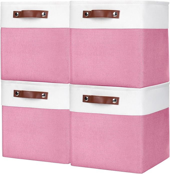 Collapsible Fabric Storage Cubes 11x11 Cube Storage Bins, 4 Pack Closet Baskets Box with Handles for Organizing, Shelf, Toys, Clothes, Home, Office, Nursery (Pink&White) by Bagnizer