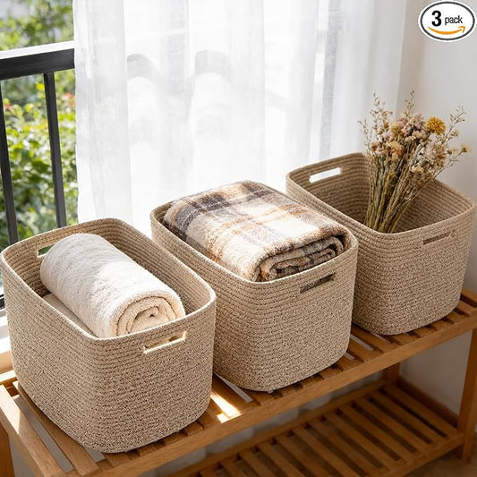 3 Pack Woven Baskets,Storage Baskets for Shelves with Handles | 13.5"×11"×9.5", Closet Baskets, Nursery Organizer for Toys Towels Books, Storage Bin for Living Room Bedroom (Mixed Brown) by HZFTJOY
