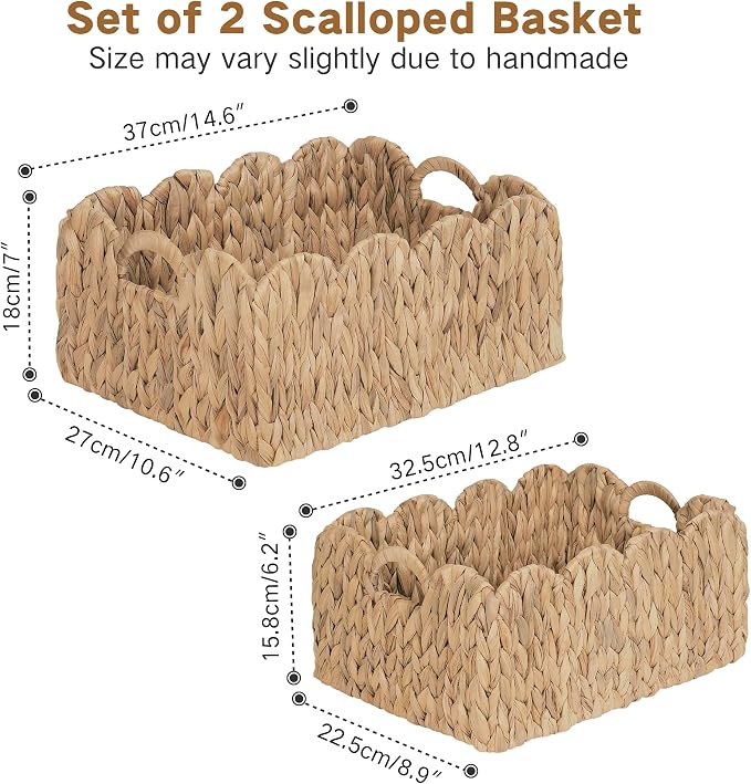 iEGrow Scalloped Wicker Basket, Set of 2 Woven Rattan Natural Water Hyacinth Baskets with Built-in Handles, Rectangle Storage Baskets for Organizing, Decor, Shelf and Nursery Room - Image 3