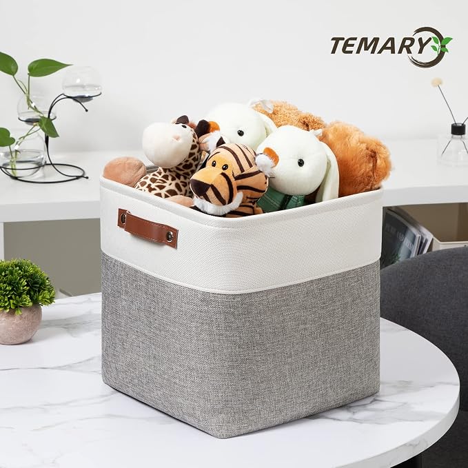 Temary 12 Inch Storage Baskets Foldable Fabric Storage Cubes 4PCs Storage Bins Organizer with Handles, Baskets for Organizing Clothes, Towels (White & Grey, 12 x 12 x 12) - Image 5