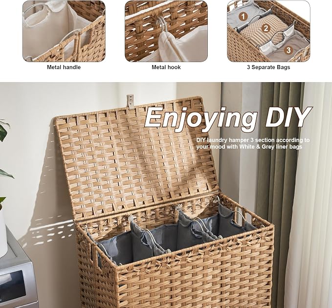 Laundry Hamper with Lid, 190L Large Laundry Basket 3 Section with 6 Removable Liner Bags & 3 Mesh Laundry Bags, Handwoven Rattan Clothes Hamper with Heightened Feet, No Install Needed, Natural - Image 5