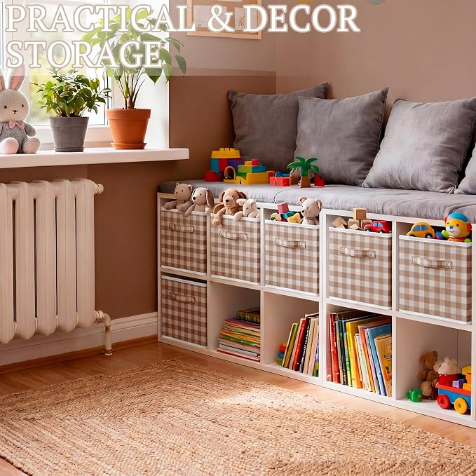 Yalikop 6 Pcs Beige Gingham Cube Storage Bins, 11 Inch Fabric Checkered Classroom Storage Bins Organizer with Handle Preppy Collapsible Cubby Basket for Classroom Home Nursery Playroom Bedroom - Image 5