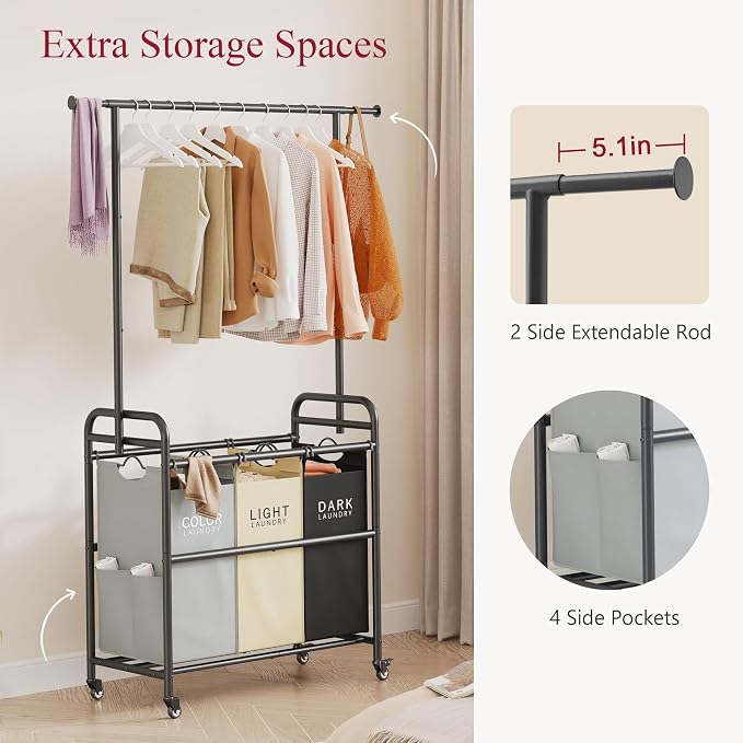 Laundry Sorter Cart with Hanging Clothes Rack, 3 Section, 3 Colors | 135L Laundry Sorter Hamper Cart with Heavy Duty Rolling Lockable Wheels and Removable Bags for Laundry Room, Apartment - Image 4