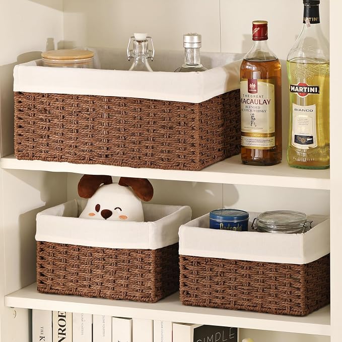 Wicker Basket, Set of 3 Hand-woven Storage Baskets for Organizing, Decorative Rectangle Wicker Storage Basket Bins with Handles, Small Toilet Paper Storage Baskets for Shelves & Decor, Brown - Image 5