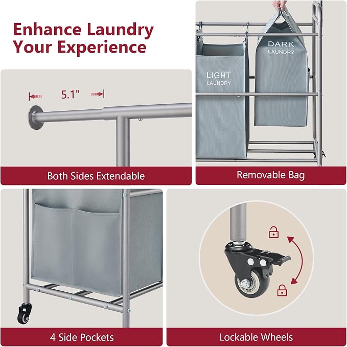 Laundry Sorter 4 Section, Laundry Basket with Hanging Rack, Gray | 196L Laundry Hamper with Hanging Rack and Heavy Duty Lockable Wheels, Rolling Laundry Cart for Bathroom, Bedroom, Home - Image 6