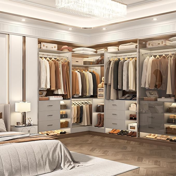 Aheaplus Closet System with 6 Drawers, 4 Hanging Rods & Corner Tower, Corner Closet System with Hanging,92.6" L-Shaped Walk-In Wardrobe Organizer, 2000+ lbs Capacity, Set of 3, Grey - Image 2