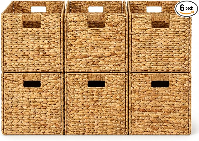 6 Decorative Hand-Woven Water Hyacinth Wicker Storage Basket, 16x11x11 Ideal for Shelving Units by Westerly