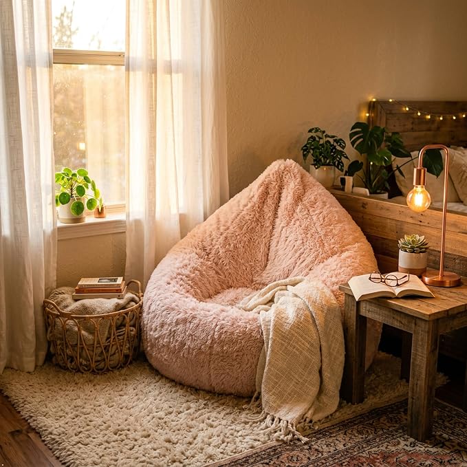 Hobestluk Small Bean Bag Chair Teardrop Faux Fur Cushion Lounger | Pink Soft Plush Fluffy Lazy Comfy Cute Furniture Removable Cover Portable Lightweight Bedroom Living Room Dorm by YourHomeDeservesMore