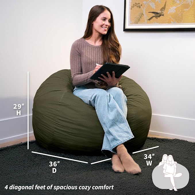 Big Joe Fuf 4Ft Foam Bean Bag Chair with Removable Cover for Kids, Teens, Forest Green Velveteen, Durable Woven Polyester, 4 Foot Large Reading and Gaming Seat | Premium Shredded Foam Filled, Velveteen, Adult-Sized Comfortable Seating, Supports Up to 3... - Image 3