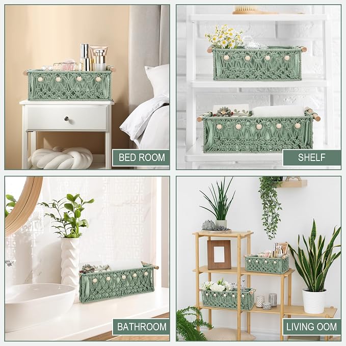 Vesici 4 Pcs Sage Green Macrame Storage Basket for Shelves 13" 11" Boho Storage Basket Hand Woven Boxes with Wood Handles Beads Decorative Countertop Toilet Cabinet Organizer for Home Decor - Image 4