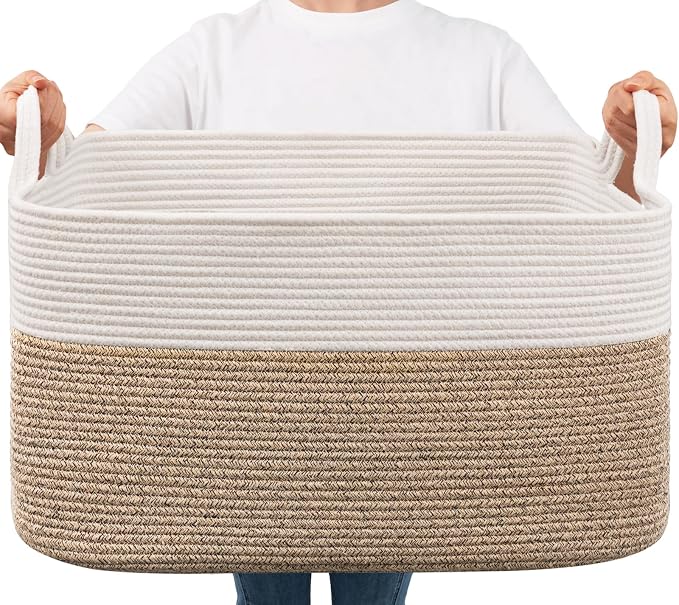 Goodpick Large Woven Rope Blanket Basket, Rectangle, White & Light Brown | 21.6" × 14.9" × 11.8" Storage Basket for Pillows & Toys Laundry, Nursery & Living Room Organization, Reinforced Handles by Goodpick