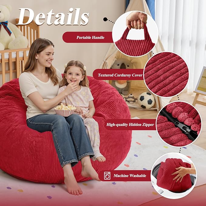 4FT Bean Bag Chair for Adults,Large Teardrop Beanbag with Filler | Beanbag Chair with Memory Foam Filled,Bean Bags with Handy Handle&Machine Washable Cover for Living Room,Bedroom-Red - Image 5