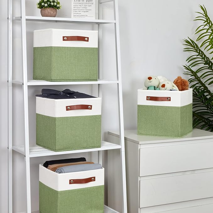 Temary Fabric Storage Bin 11x11 Cube Storage Bins for Home, 4 Pack Fabric Organizer Bins Cube Organizer Bins with Leather Handles Decorative Storage Bins for Shelf (White&Green) - Image 6