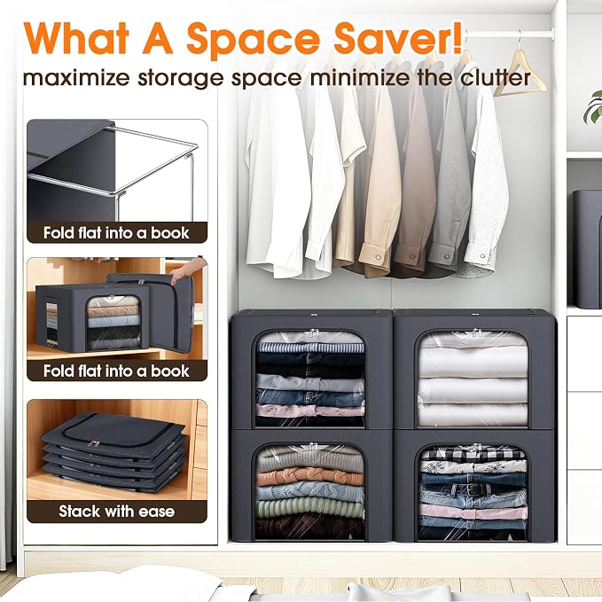 6 Pack Clothes Storage Bins with Metal Frame,40L Storage Bags Fabric Box Organizer with Clear Window,Zippers,Sturdy Handles(6 Pcs,Light Grey,40L) - Image 3
