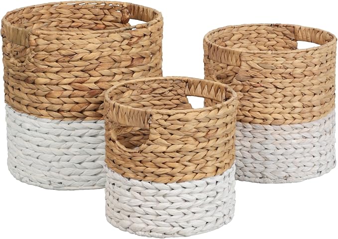 happimess Avery 3-Piece Cylinder Nesting Baskets 13", White/Natural | Hyacinth, Bohemian Cottage Style, Handwoven Wicker, Iron Metal Frame, Decorative Storage For Toys And Books, Built In Handles by Happimess