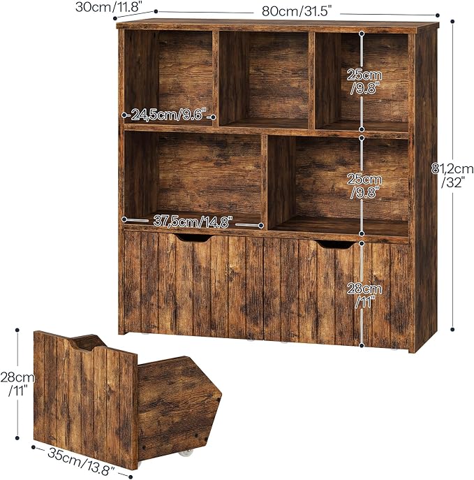 HOOBRO Toy Storage Organizer, Toy Organizers and Storage with 2 Movable Drawers and 5 Cubbies, Toy Chest Shelf for Books or Dolls, Kids Bookshelf and Toy Storage for Playroom, Rustic Brown BF88CW01 - Image 3