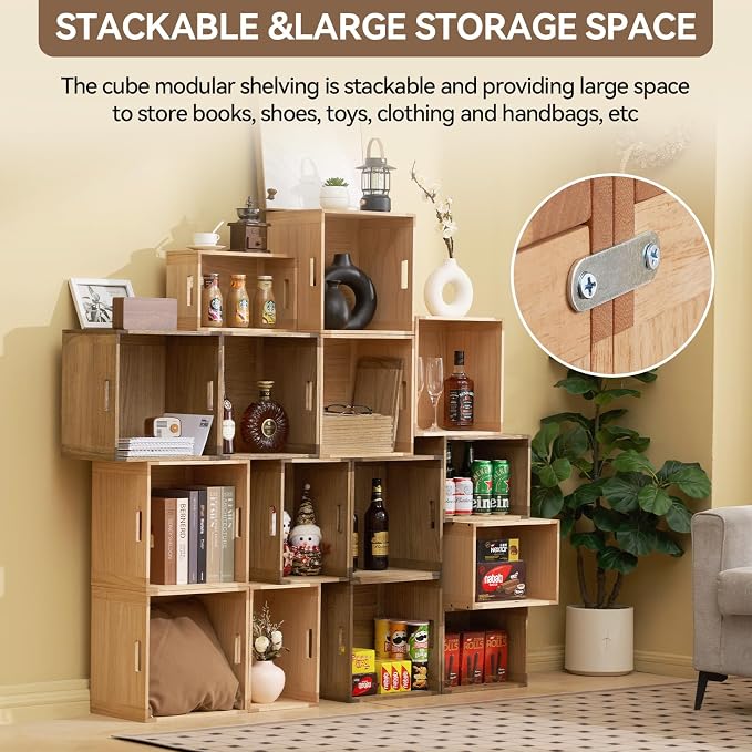 KIRIGEN Stackable Wood Storage Cube with Handles, Open Cubby Bin, Natural | Open-Front Wooden Crate Box for Books, Clothes, Shoes, Closet Storage, and Display for Home Office, Assembly Required - Image 2