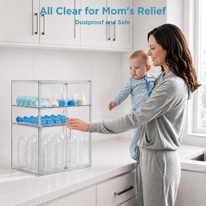 HBlife Baby Bottle Storage Organizer for Countertop Cabinet, 3 Tiers Adjustable Clear Acrylic Bottles Storage Station Case Box Container with 2 Removable Dividers and Magnetic Double Door, X-Large - Image 2