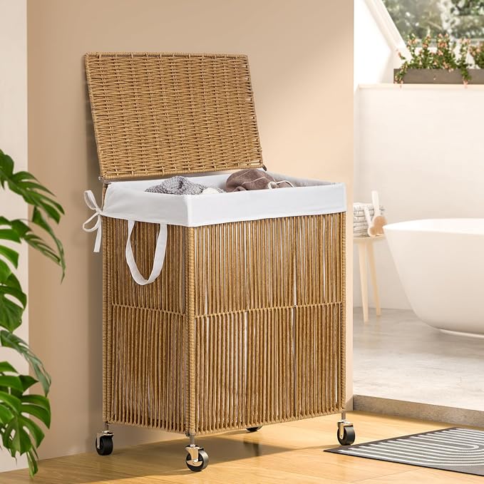 WOWLIVE Rolling Laundry Basket Wheels, Handwoven Laundry Hamper with Lid | Double Clothes Hamper with Divided Removable Bag, 115L Large Laundry Sorter 2 Section, Laundry Room Organization, Natural - Image 2