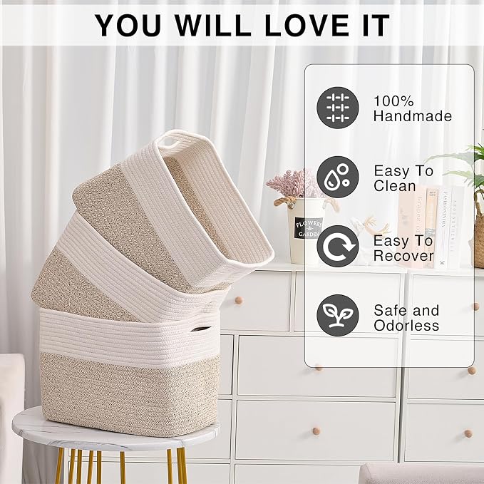 ICERZCZ Storage Baskets for Organizing, Woven Cotton Rope Basket for Storage Books, Baby Organizing Baskets, Toy Storage Basket, 15"x11"x9.5", 3 Packs, Off White & Brown - Image 5