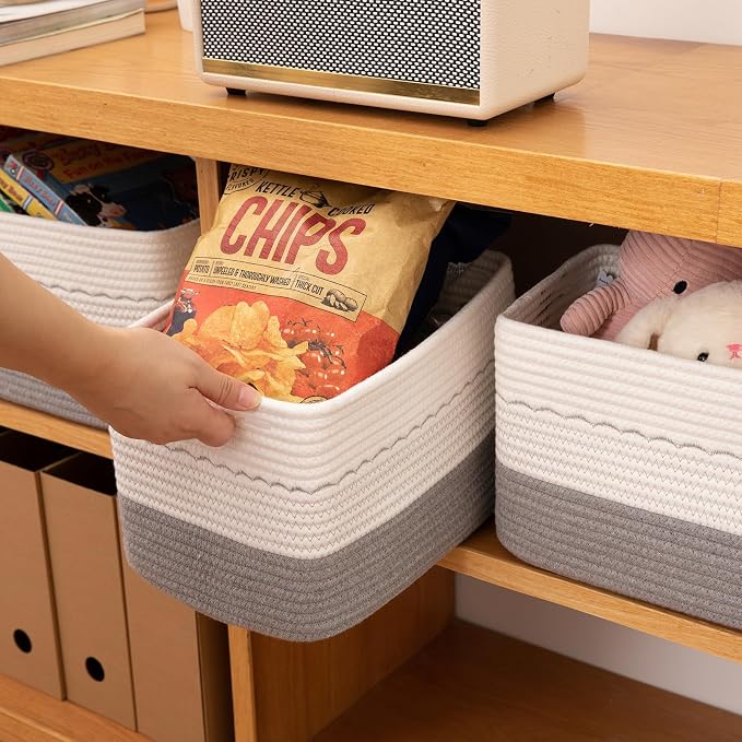 OIASKET 4 Pack Storage Baskets for Organizing, 13"X9"X7.87", Decorative Cotton Rope Baskets for Shelves, Small Woven Basket for Toys, Books and Towels, Grey & White - Image 5