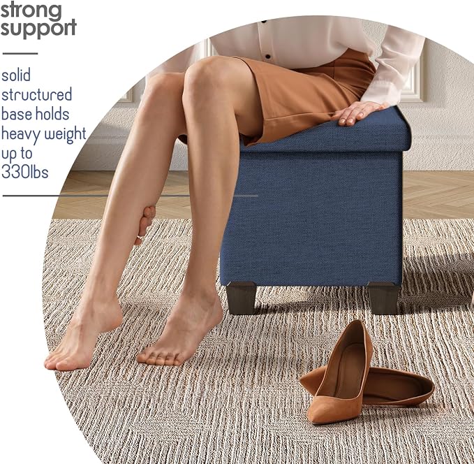 Storage Ottoman Cube with Small Bin, 15-in Square Ottoman with Storage for Living Room and Bedroom, Small Ottomans Foot Rest, Fabric Foot Stools Ottomans Max 330lbs, Blue - Image 6