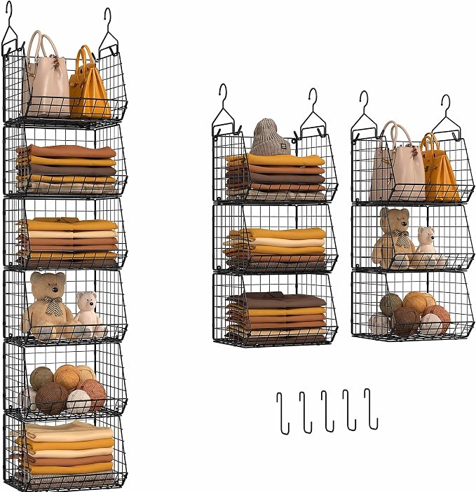 6 Tier Closet Hanging Organizer, Clothes Hanging Shelves with 4 Hanging Hooks 5 S Hooks, Wire Storage Basket Bins, for Clothing Sweaters Shoes Handbags Clutches Accessories Patent Design-Black by X-cosrack
