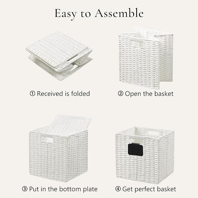 UBBCARE 4 Pack Small Wicker Basket, 9×9 Storage Cubes with Label, Foldable Cube Storage Bin with Handle, Square Storage Basket for Shelves, Woven Paper Rope Basket for Organizing, White - Image 7