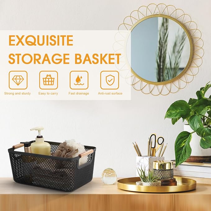 Tioncy 4 Pcs Plastic Mesh Baskets with Wood Handle Woven Mesh Storage Organizer Bins Multi-function Rectangle Baskets for Home Pantries Shelves Closet Kitchens Bedrooms(10.4 x 7.2 x 4.7 Inches) - Image 5