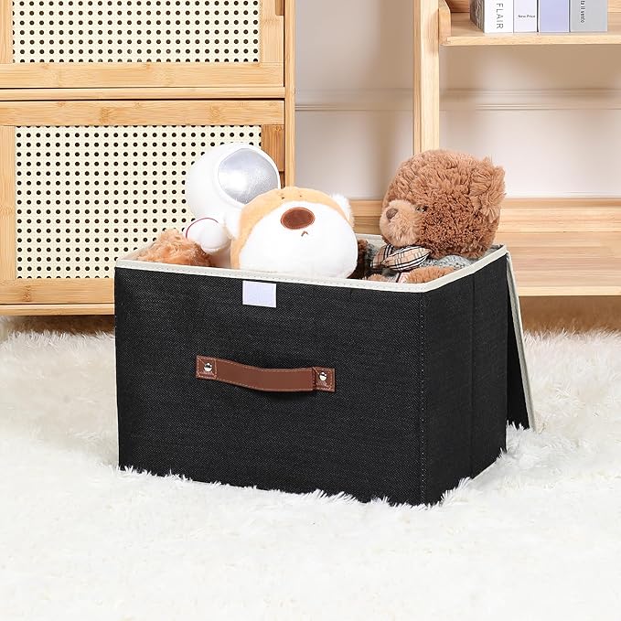 ANMINY Fabric Storage Box Bins with Lids, Black, 15"x10"x10" | Keepsake Memory Storage, Cotton Linen, PP Board Reinforced, Washable, PU Handles, Foldable & Stackable, Decorative, Large - Image 6