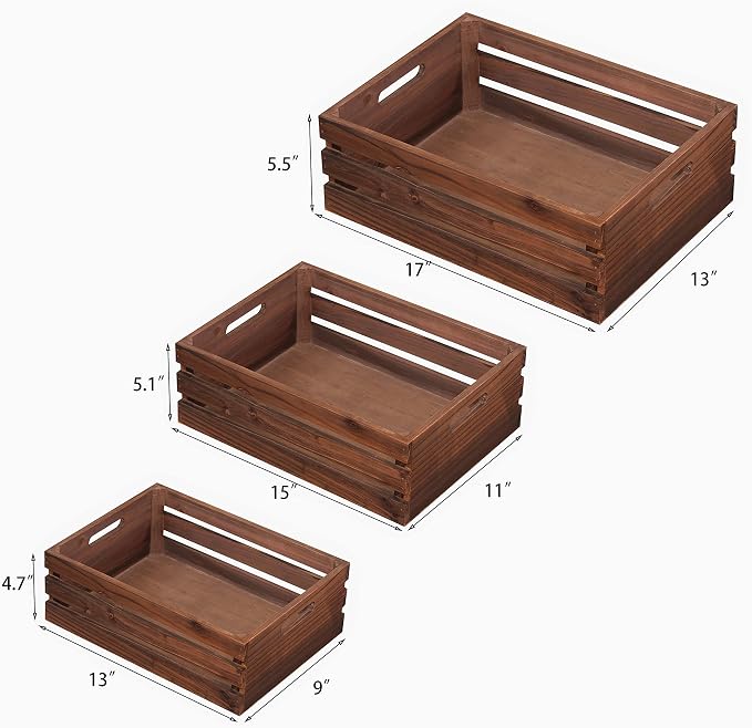 Wood Crates For Storage,Decorative Vintage Brown Wooden Crates For Display | Handmade Solid Wood Boxes,Set Of 3 Rustic Black Wooden Crate. (vintage brown) - Image 2