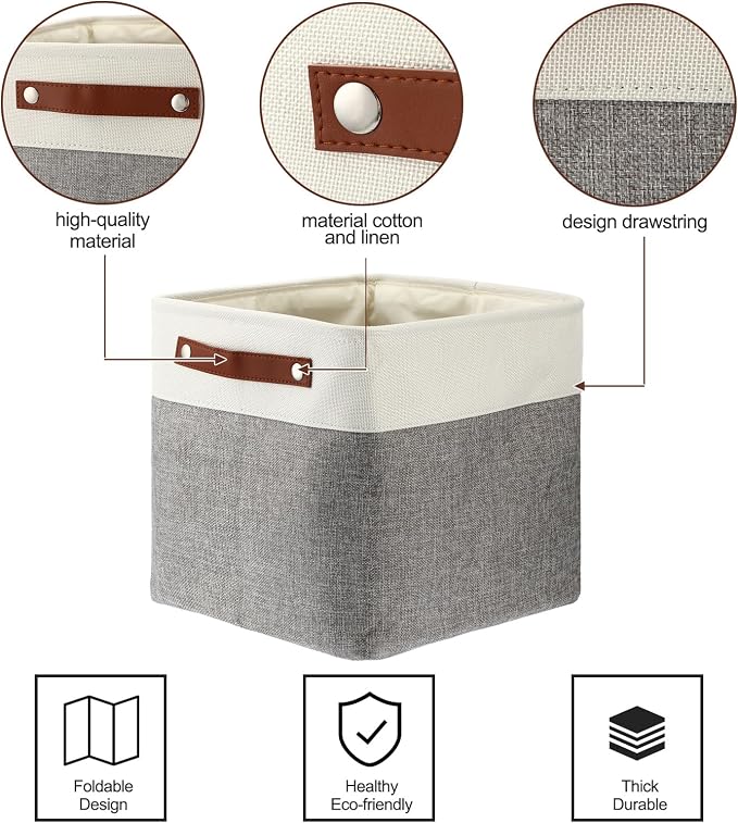 Uiifan 10 Pcs Collapsible Storage Bins Fabric Foldable Storage Basket with Handles Cloth Organizer Linen Shelf Baskets for Shelves Home Closet Nursery Toys(12 x 12 x 12 Inch,Gray and White) - Image 4