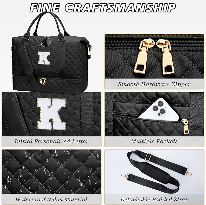 Personalized Weekender Bags Dance Bag for Girls(Black,K) | Women Gifts for Birthday-Overnight Bags with Toiletry Bag-Weekender Bags with Shoe Compartment for Travel - Image 6