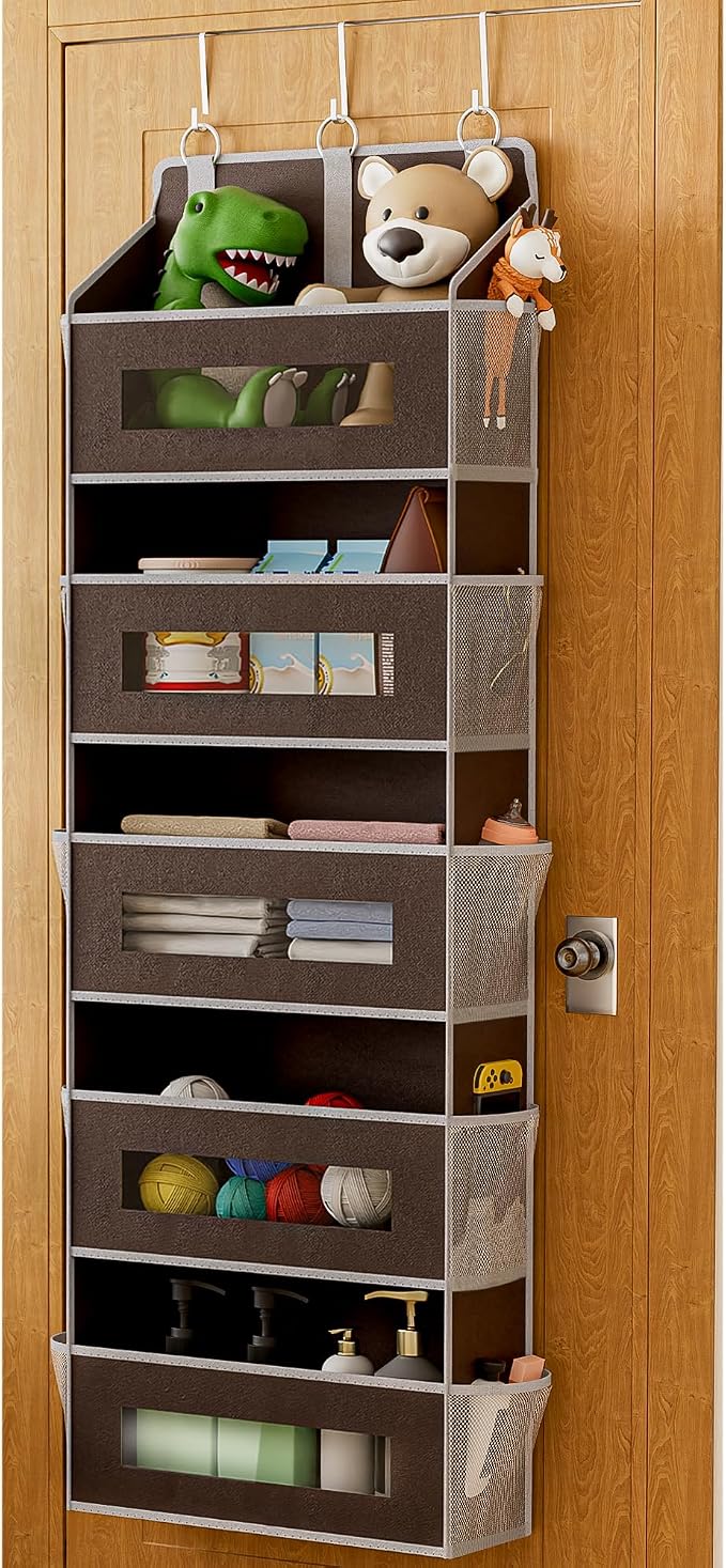 5 Tier Over The Door Organizer Space-Saving Storage for Any Room | Brown Hanging Closet Organizer with 10 Mesh Pockets and Clear Windows, Closet Organizers and Storage for Bathroom, Bedroom by Unknown