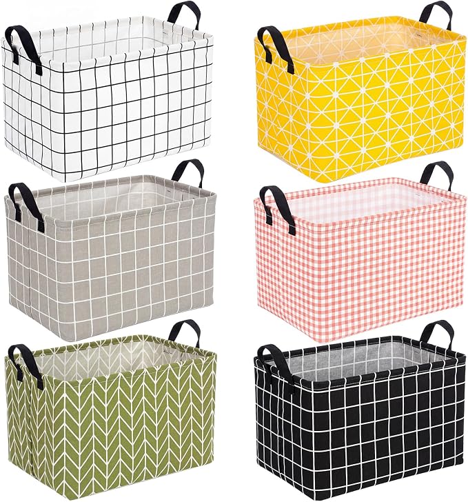 CHENGU 6 Pack Storage Baskets with Handle Back to School Foldable Baskets for Shelves Classroom Plaid & Geometric Storage Bin Large Collapsible Canvas Bin for Closet Nursery Home Organization 6 Colors by CHENGU