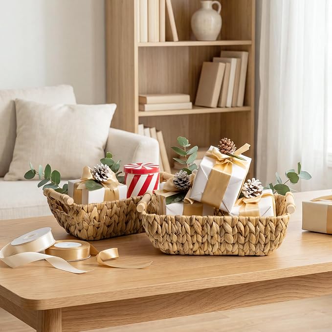 StorageWorks Small Storage Basket, Seagrass Woven Basket for Gifts | Wicker Storage Baskets for Shelves, Baskets with Wooden Handles, 2-Pack Gifts Basket for Home Decor, Hand-Woven Basket - Image 8