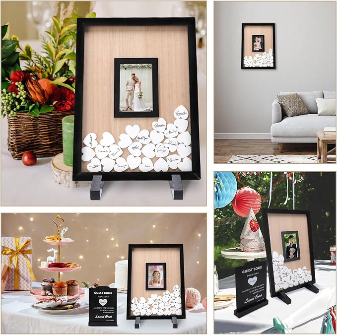 Wedding Guest Book Alternative Wooden Picture Frame Guestbooks(Black) | With 90+ hearts, Guest Book Alternative for Wedding Baby Shower Anniversary Birthday Party - Image 7