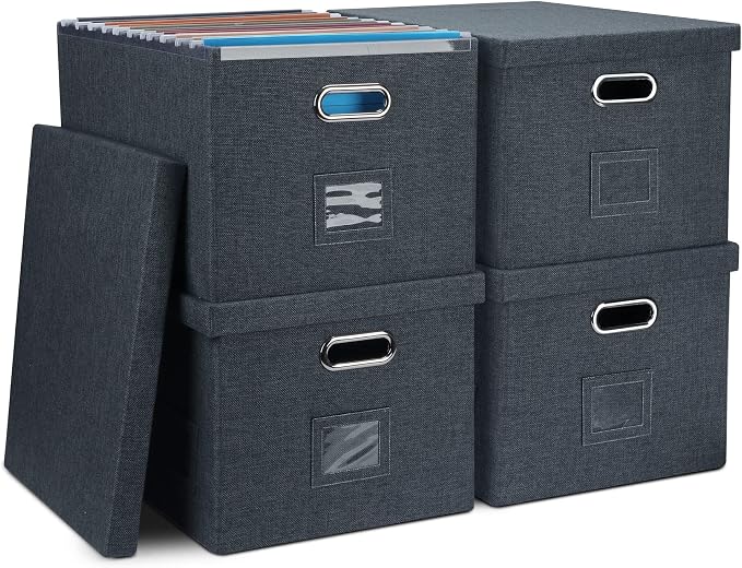 Storage Bins With Lids Office Organization File Folder Organizer Boxes | Dark Gray, 4 Pack, 15.1" * 12.2" * 10.04", Built-In Handle, Collapsible, Stackable, Dustproof, Linen Fabric, Cardboards by GraciadecoStorage