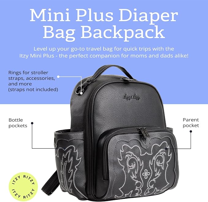 Itzy Ritzy Mini Diaper Bag Backpack - 10 Pockets w/Changing Pad (Outlaw) | Chic Mini Plus Diaper Bag with 2 Insulated Bottle Pockets, Key Lanyard, Wipeable Changing Pad, Grab-Top Handle & Rubber Feet - Image 2