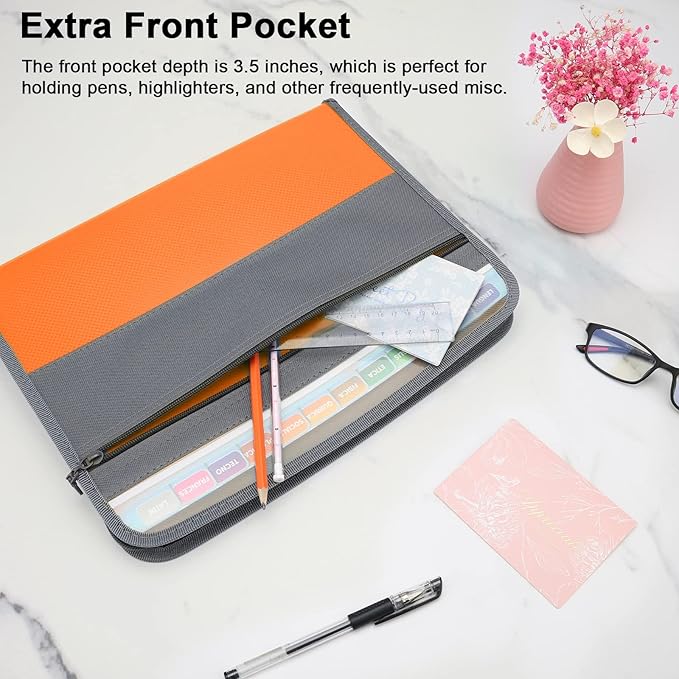 NAFY Expanding File Folders, 2Pack 13 Pockets Document Organizer with Zipper, A4 Letter Size Portable Accordion Expanding File Folders with Multicolor Labels for Office School Supplies (Black+Orange) - Image 4
