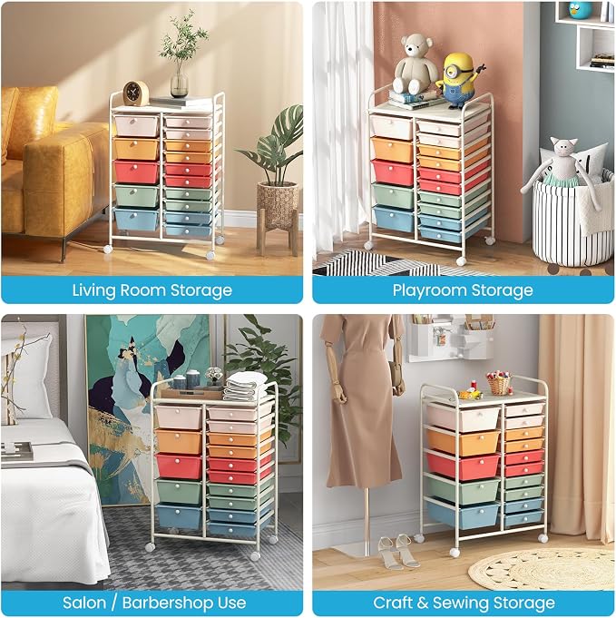 RELAX4LIFE 15-Drawer Storage Drawer Carts - Mobile Rolling Utility Cart w/Wheels, Craft Organizer for Classroom Organization and Storage, School, Office, Home, Storage Organizer Cart (Macaron) - Image 8