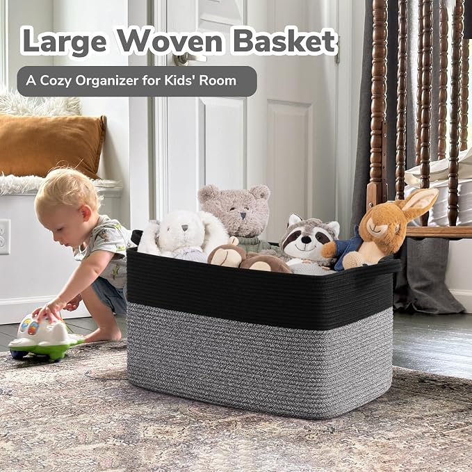 Goodpick Large Woven Rope Blanket Basket, Rectangle, Black & Gray | 21.6'' x 14.9'' x 11.8'' Storage Basket for Toys & Nursery Essentials, Living Room & Bedroom Organization, Reinforced Handles - Image 2