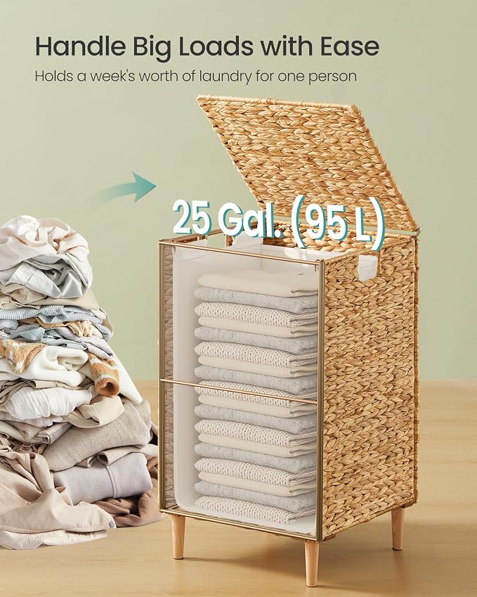 SONGMICS Laundry Hamper With Lid, 95 L Wicker Handwoven Water Hyacinth | Wicker Laundry Basket , Natural Material, Removable Machine Washable Liners, Natural ELIOTT Collection ULCB201Y01 - Image 3