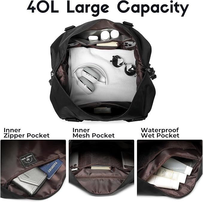 Duffel with Utility Pouch, 40L Weekender Overnight Bag with Shoe Compartment for Travel and Sports (Black) - Image 3