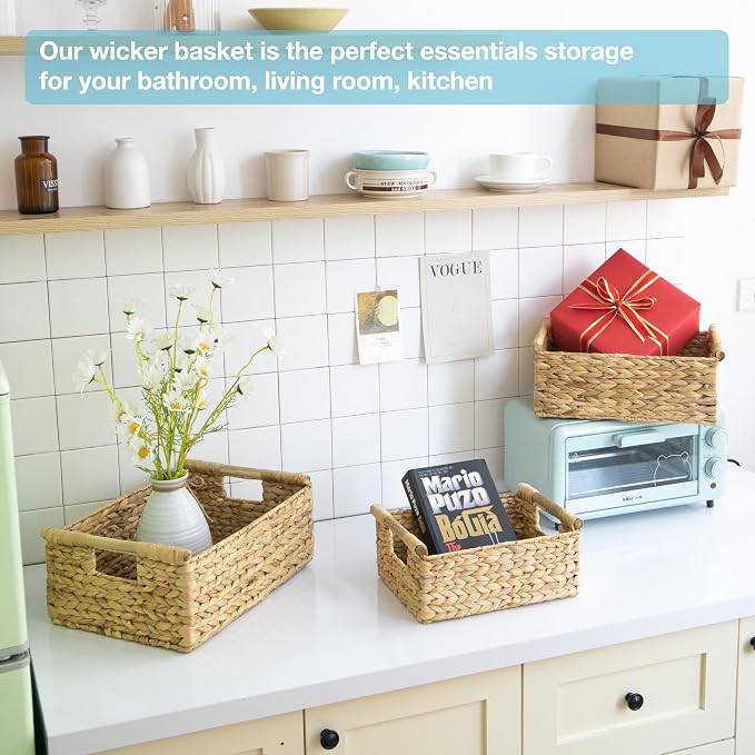 VATIMA Hyacinth Wicker Basket Set 3 size - Rectangular, Wooden Handles, Shelf Organizer, Natural Bins - Image 4