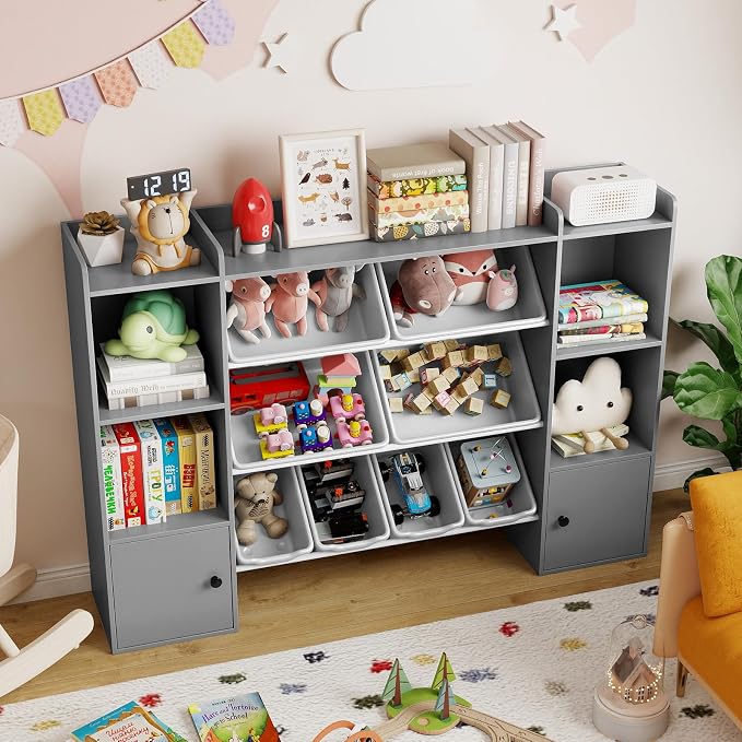 Costzon 56.5'' Kids Toy Storage Organizer w/ 8 Removable Bins, 4-Tier Toddler Bookshelf Cubbies, Preschool Children's Montessori Bookshelf w/6 Large Cabinet for Playroom, Daycare, Kids Room, Classroom - Image 8