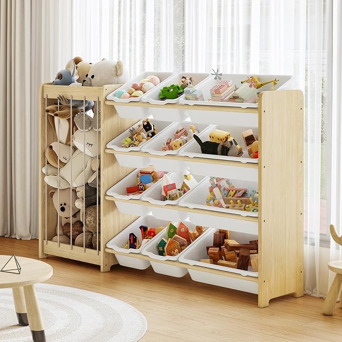 EXPERLAM Kids Toy Storage Organizer, 2-in-1 Stuffed Animal Storage & Toy Organizer w/12 Bins, Solid Wood Toy Rack Featuring Thicker Elastic Ropes to Hold Toys, Playroom Nursery Bedroom Storage, White - Image 8